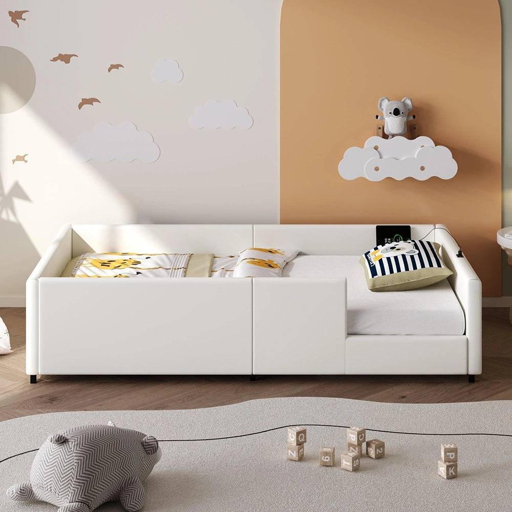 Letto 90x200cm con barriera - Xylo - piattaforma imbottita USB bianco
