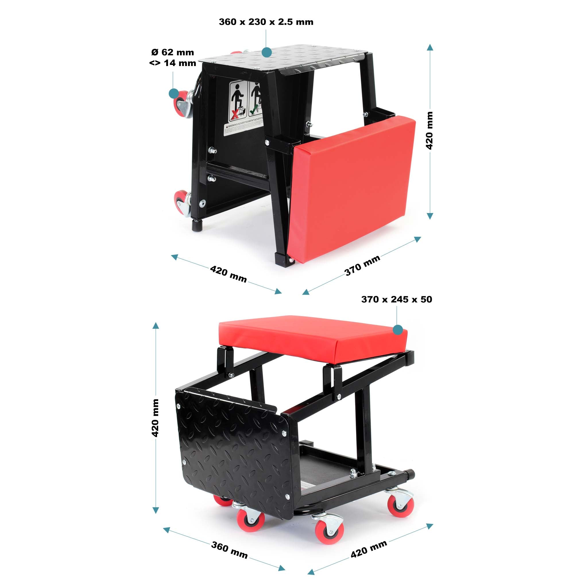 Sgabello da officina con ruote e scaletta, carrello e scaltte 2in1, portata 160 kg, sgabello da meccanico con portaoggetti e scalino