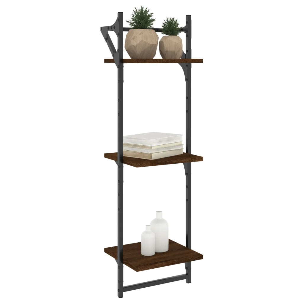 2 pz Mensole Muro | Mensola a parete con Aste 3 Livelli Rovere Marrone 30x25x100cm