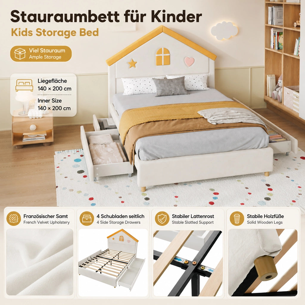 Letto per bambini 140 × 200 cm con testiera a casetta e 4 cassetti, senza materasso, in velluto beige
