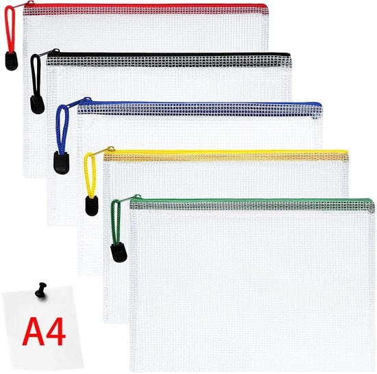Documenti A4 con cerniera, 5 set di reti plastiche con cerniera, documenti impermeabili, borsa con cerniera, tasche per portafoglio, rete per documenti in plastica