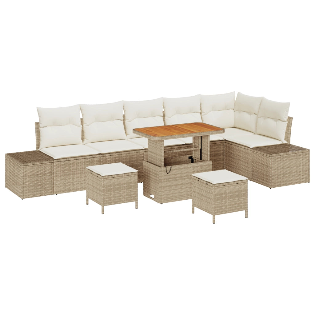 Set Divano da Giardino  9 Pezzi con Cuscini Beige Polyrattan Acacia
