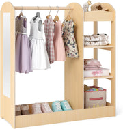 Guardaroba per Bambini in Legno, Mobile per Bambini con Specchio, Appendiabiti e Mensole, Armadio di Stoccaggio per Cameratta, 93,5 x 38 x 100 cm (Naturale)