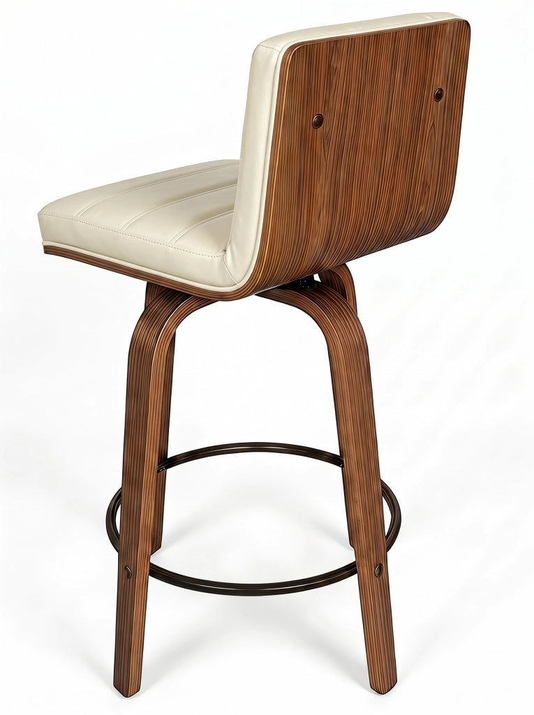Sgabello da bar in pelle PU con schienale ergonomico, anello poggiapiedi e gambe in legno e metallo, crema