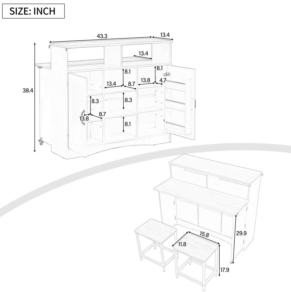 Isola cucina e sideboard pieghevole con 2 sgabelli; 110 x 34-68 x 97;5 cm; bianco