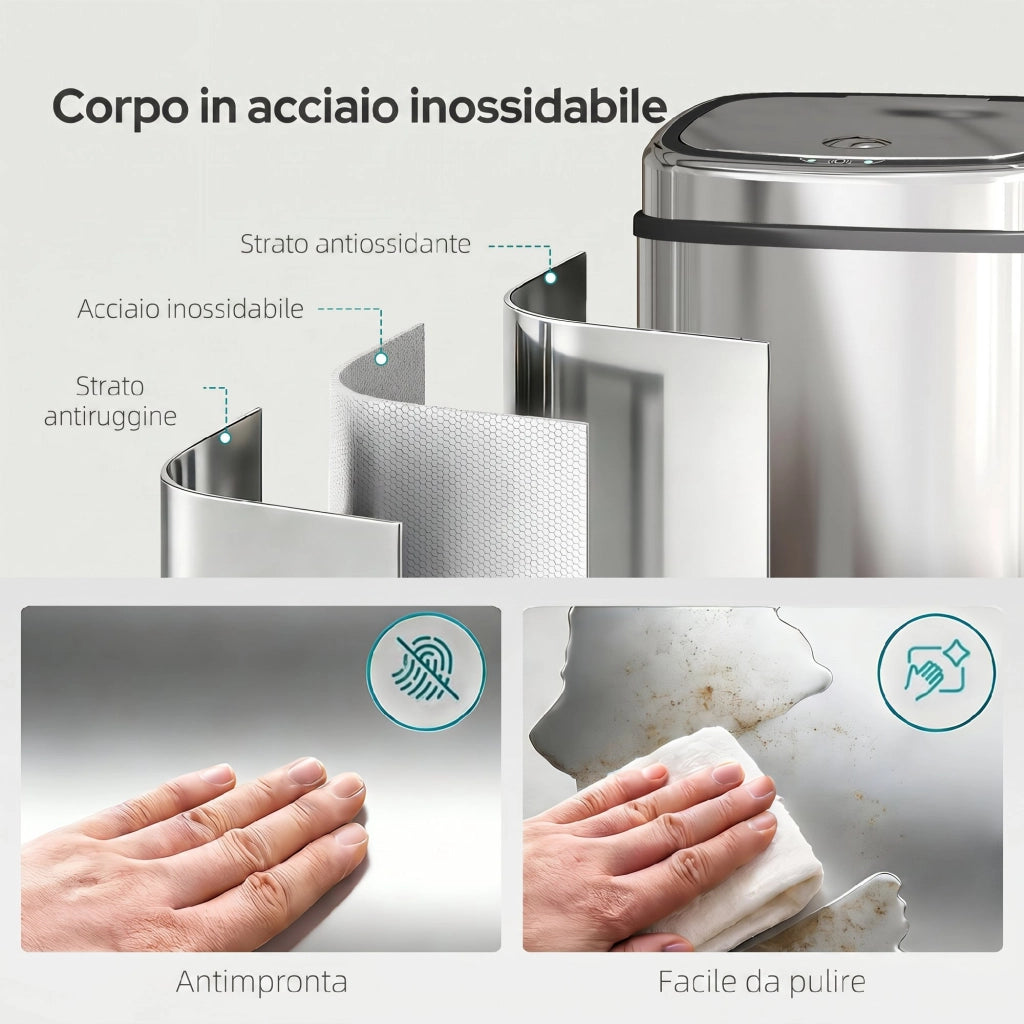 Pattumiera con Sensore a Infrarossi 40,5x29,5x58 cm Capacità da 50L con 2 Modalità di Apertura in Acciaio Inox Argento