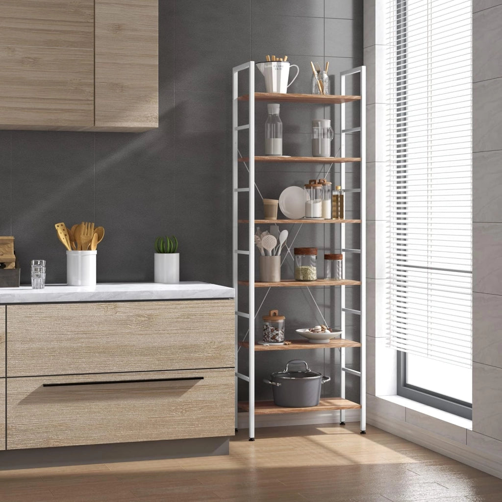 Scaffale per Libri a 6 Piani, Libreria in piedi con Struttura in Metallo per Soggiorno/Camera da Letto/Studio, 60x27,5x180cm, Rovere Chiaro+Bianco, RGB9307whe