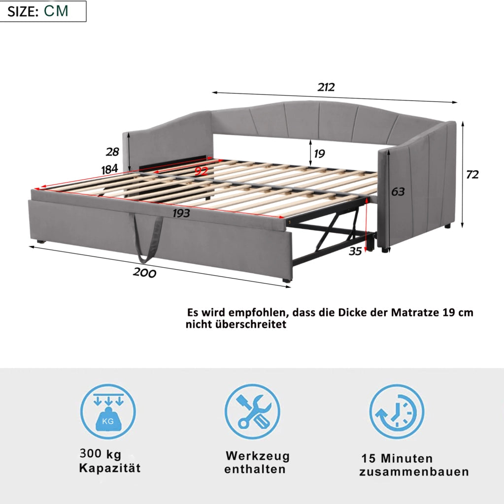 Divano letto imbottito estraibile 90x200/180x200 cm in grigio