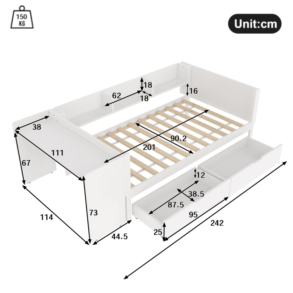 Letto singolo con scrivania, 2 cassetti e mensole, 90 x 200 cm, bianco