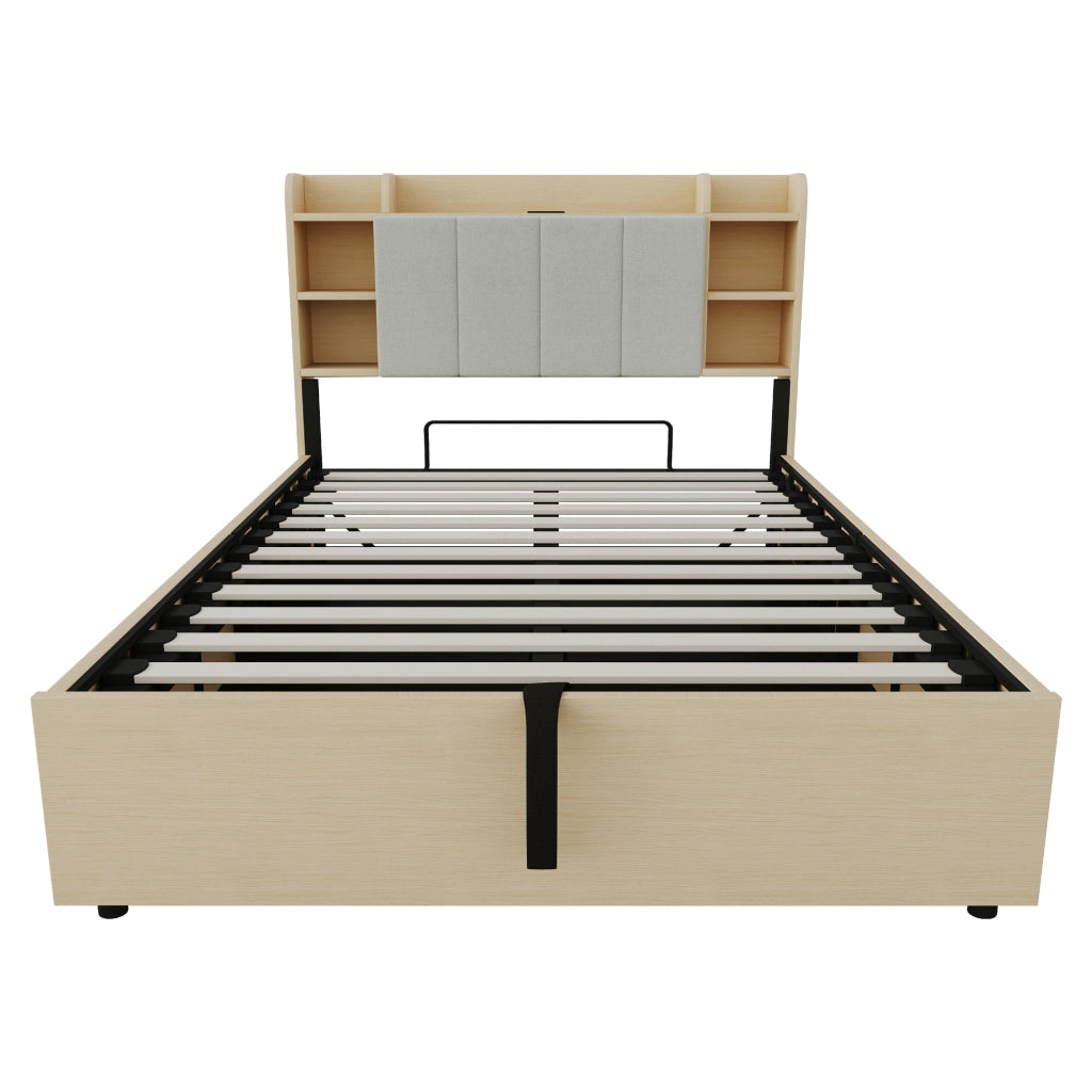 Letto Singolo 140 x 200 cm; Contenitore Idraulico; USB e Type-C; in MDF; Legno Naturale
