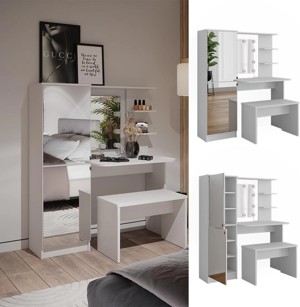 Vicco Tavolo da toilette Jasmin, Bianco, 123 cm con illuminazione a LED e panca