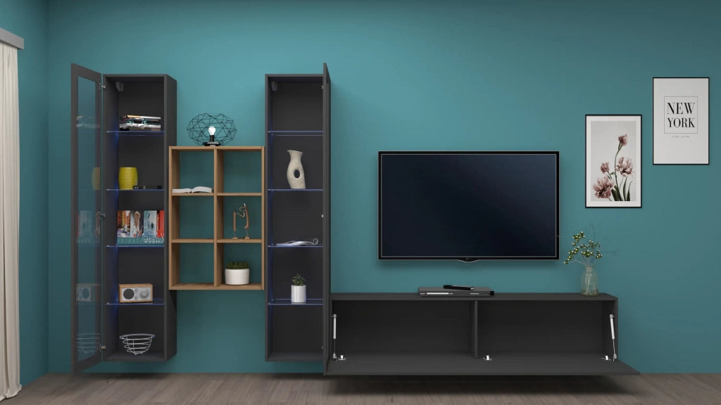 Parete attrezzata  antracite moderna sospesa mobile TV libreria legno 2 vetrine Yves RT