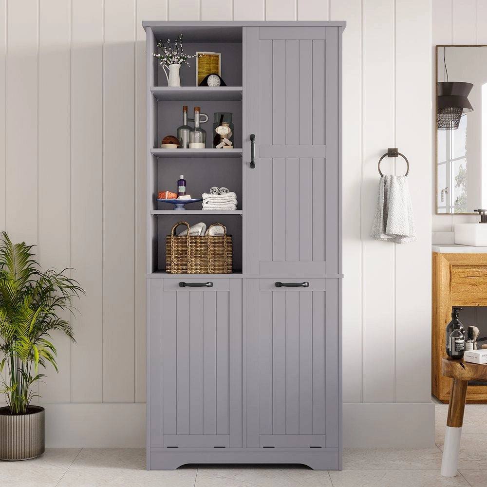 Armoire de salle de bain - Xylo - 78 x 35 x 172 cm - Grigio - Vernice resistente all'umidit??, doppio cesto per il bucato, ripiani regolabili