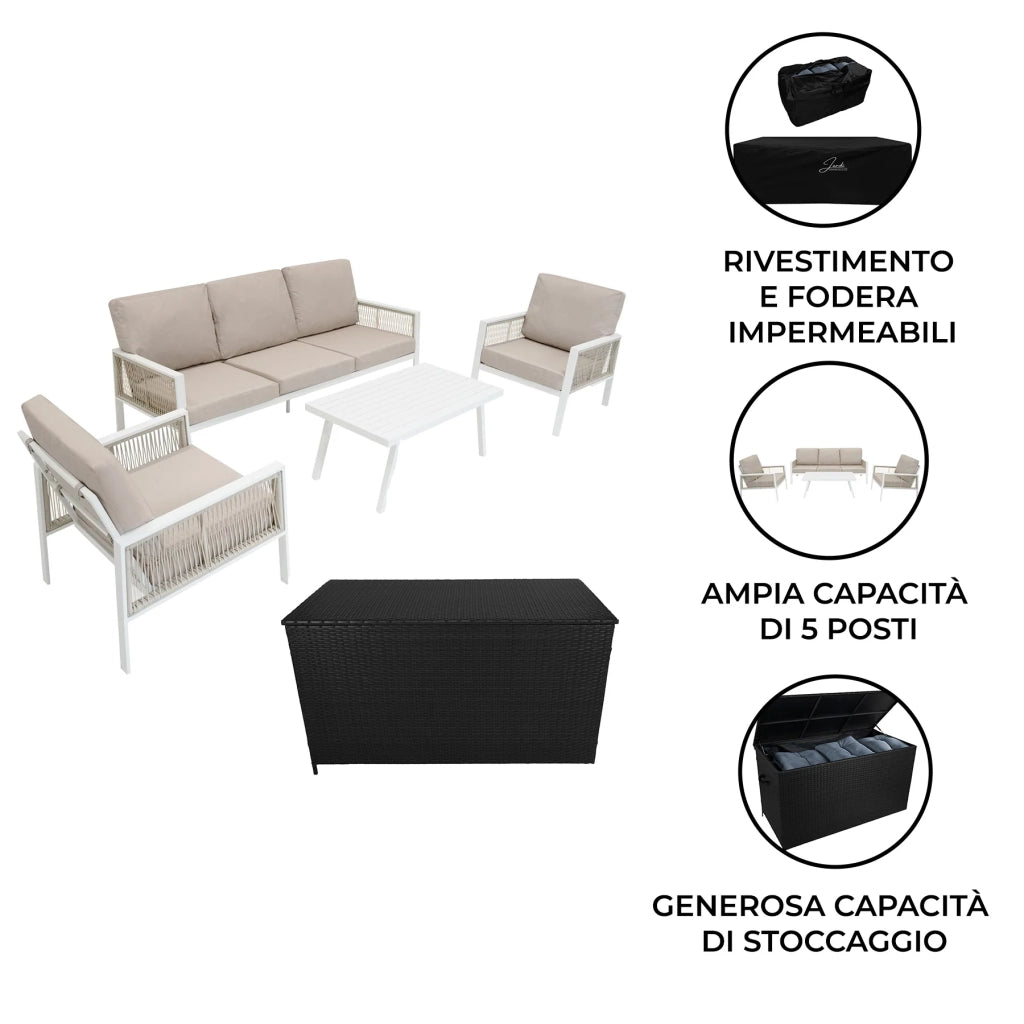 Set Mobili da Giardino 4pz Alluminio Bianco con Cassapanca Rattan Nera 582L
