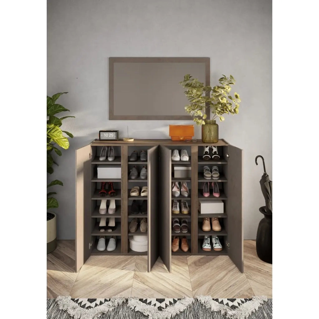 Mobile contenitore con 4 ante e 10 ripiani regolabili, collezione KEY, colore marrone e rovere.