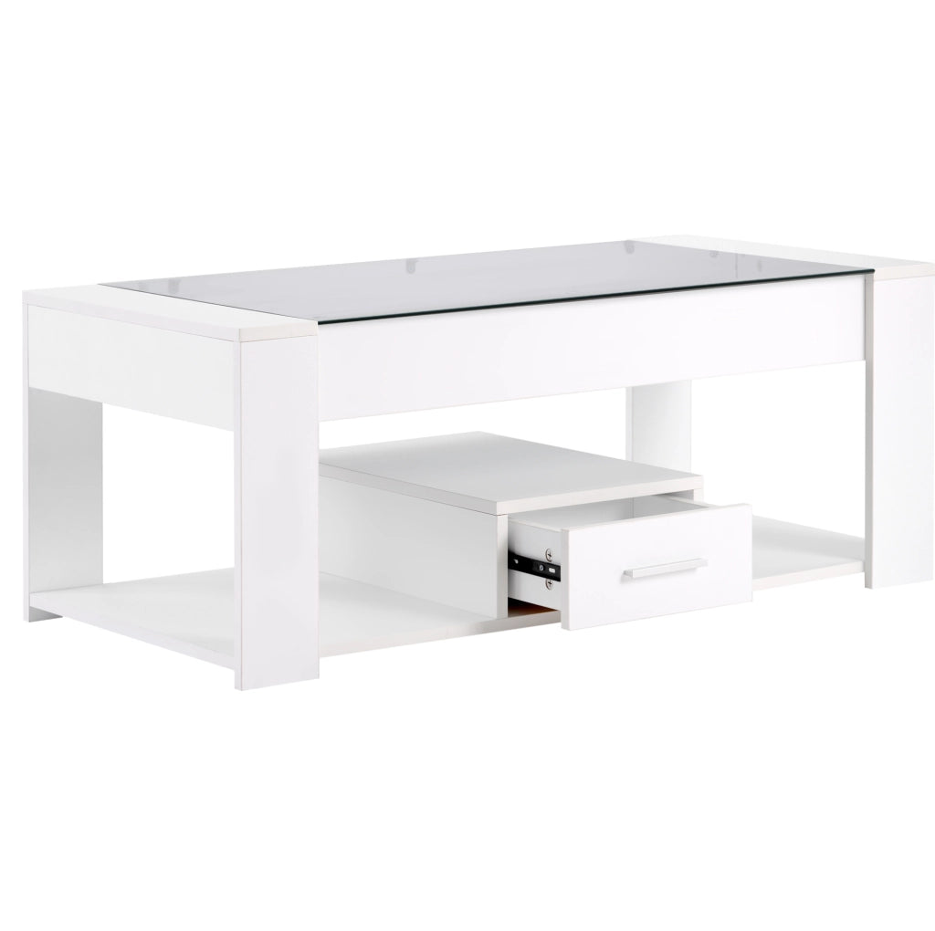 Tavolino da salotto rettangolare con piano in vetro temperato; cassetti e vano contenitore; bianco 100 x 50 x 40 cm