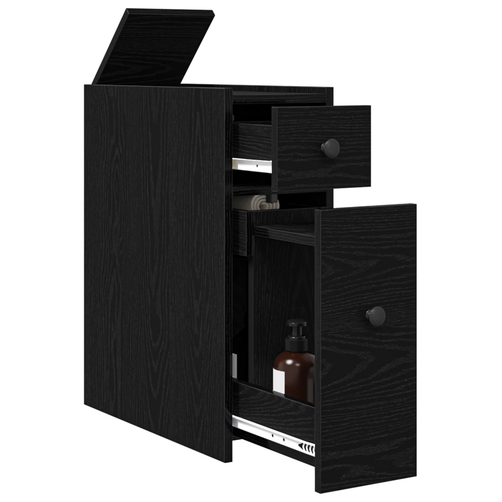 Armadio da bagno stretto con ruote in rovere nero legno ingegnerizzato