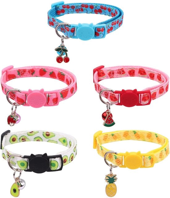 Collare per gatto 5 pezzi - Adattabile 18-30 cm - Chiusura di sicurezza - Con campanelli - Nylon - Disegno frutta - Collare per animali