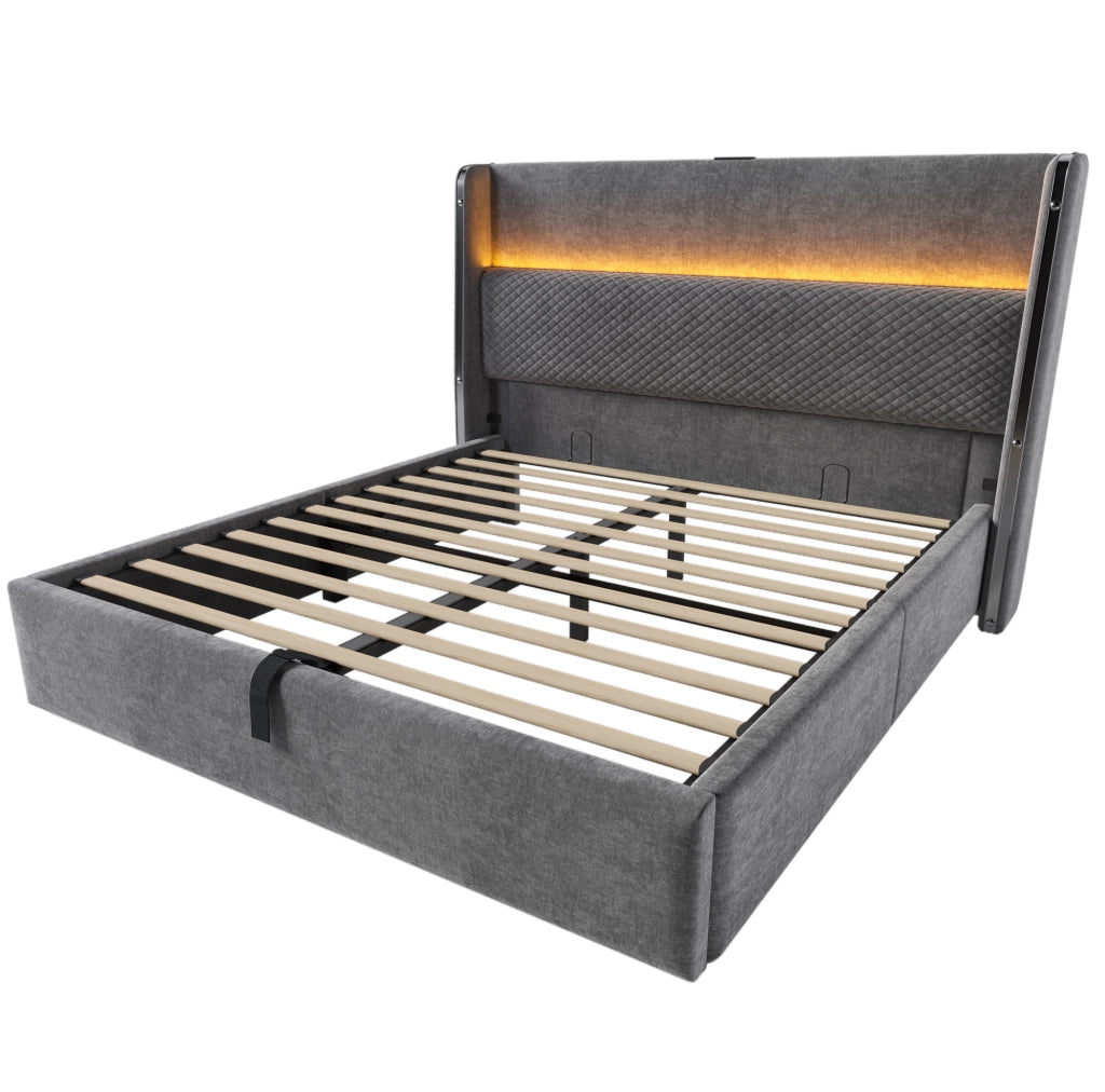 Letto matrimoniale 160x200 cm con testiera alta; LED; contenitore e porte USB Type-C; grigio