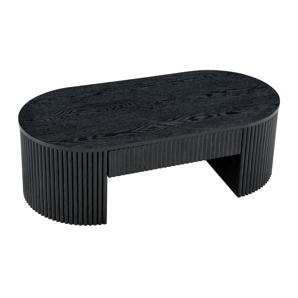 Tavolino basso ovale con cassetto e vano aperto, rivestimento a scanalature, per soggiorno, nero 118 × 65 × 17 cm