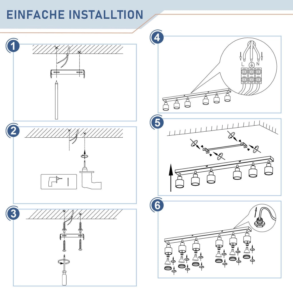 ZMH Faretto da soffitto neri 6 luci GU10 metallo orientabili moderni per camera letto sala pranzo senza lampadina