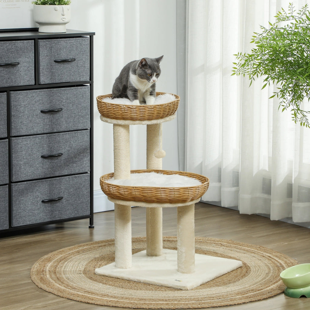 Albero tiragraffi per gatti con due cuccette in rattan e cuscini lavabili ¨C Minimal ¨C beige 75.5 cm