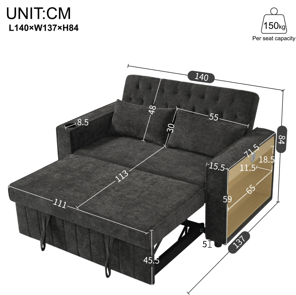 Divano letto a 2 posti in chenille grigio con USB; bracciolo portabicchieri e schienale regolabile
