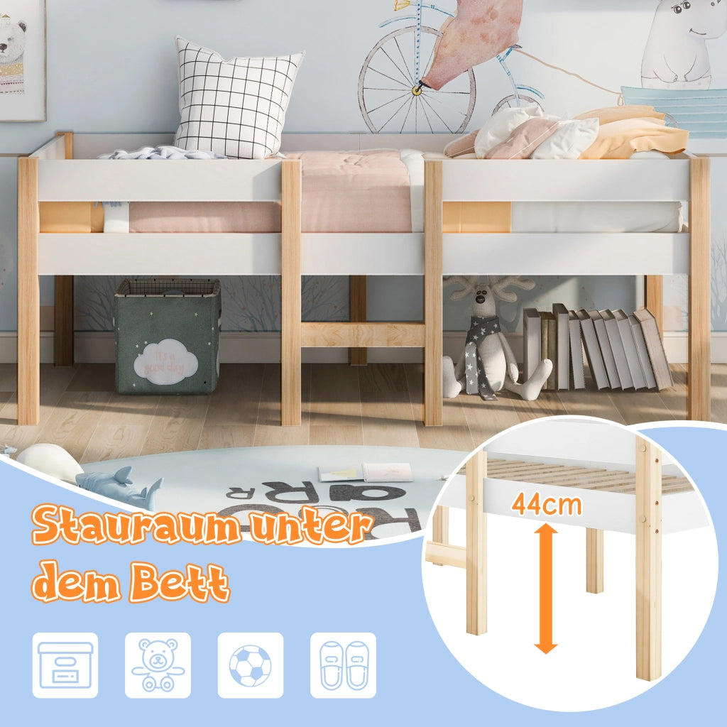 Letto per bambini bianco e rovere con protezione anticasco in legno massello di pino 90x190 cm