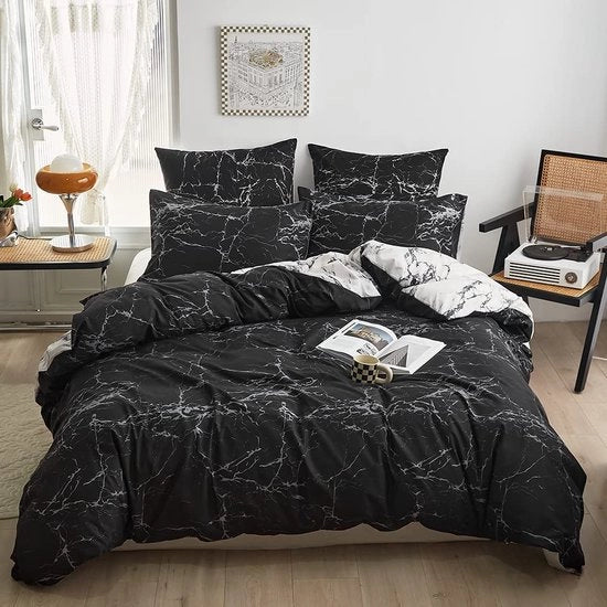 Set di coperte da letto, 2 pezzi, tessuto a marmorizzazione nero e bianco, 135 x 200 cm + copri cuscino 80 x 80 cm, coperta da dons, letto singolo, coperte da letto reversibili per bambini e ragazze