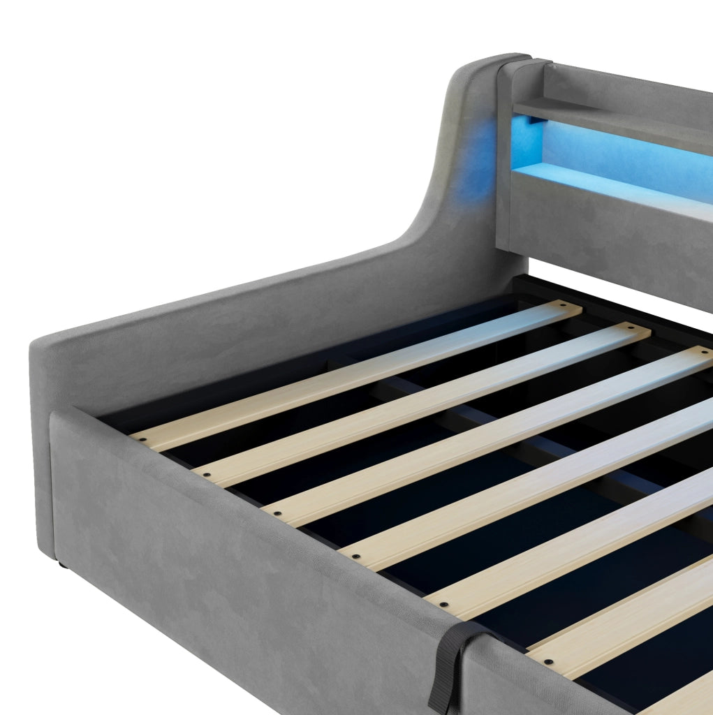 Letto singolo 90x200 in velluto grigio con LED e contenitore