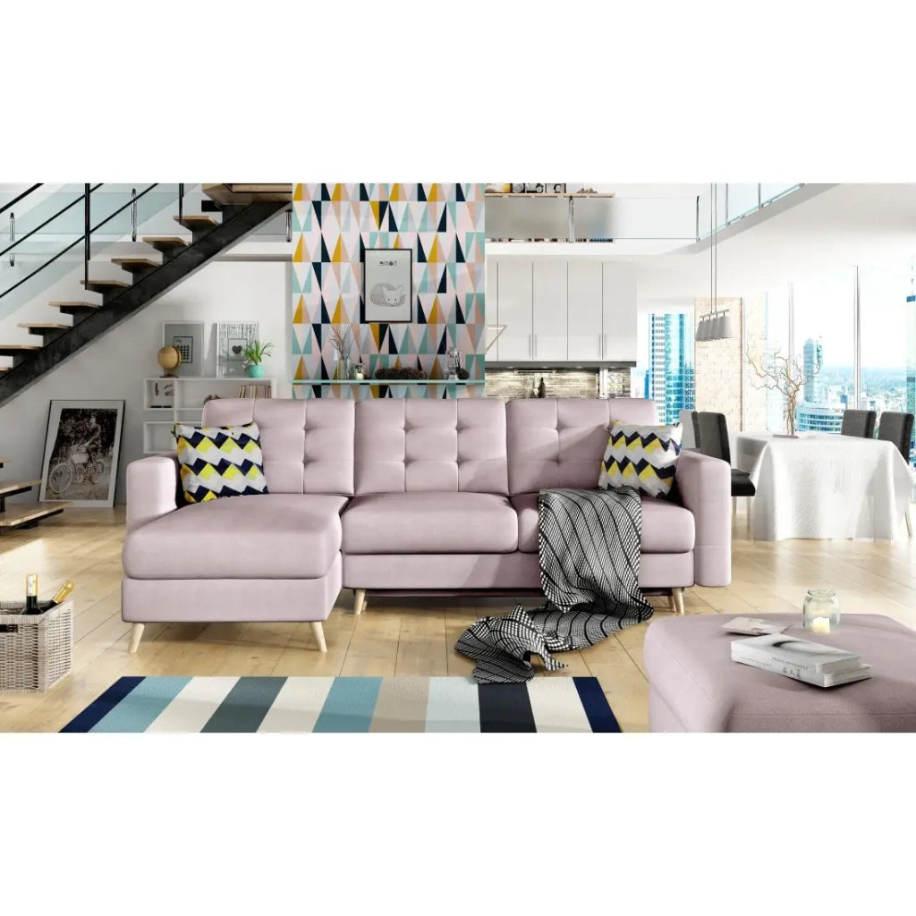 Divano angolare convertibile HASGARD 3 posti rosa 248x162 cm – con vano contenitore e piedi in legno