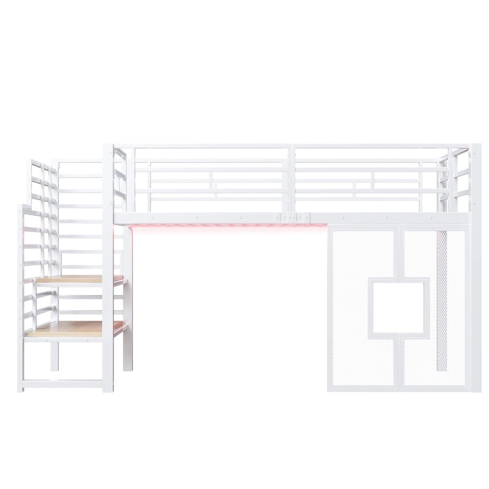 Letto a Soppalco con Scala, Contenitore, LED e Finestre ¨C MINIMAL ¨C 90x200, Bianco, Metallo