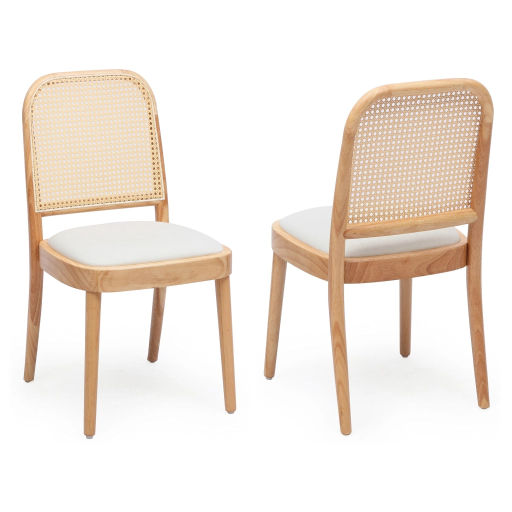 Set di 2 sedie da pranzo in legno massiccio con schienale in rattan e seduta in lino