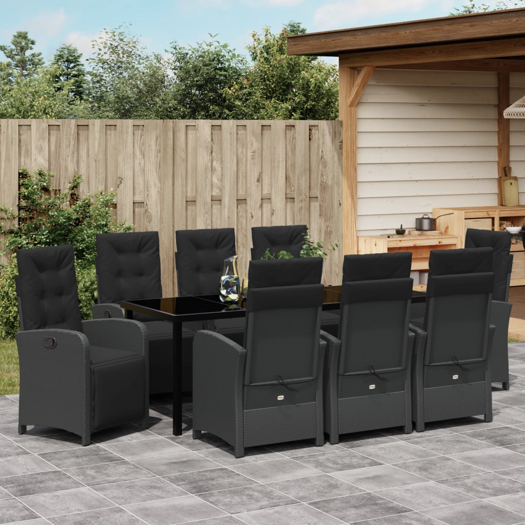 Set da Pranzo per Giardino da 9 Pezzi con Cuscini Rattan Sintetico Nero