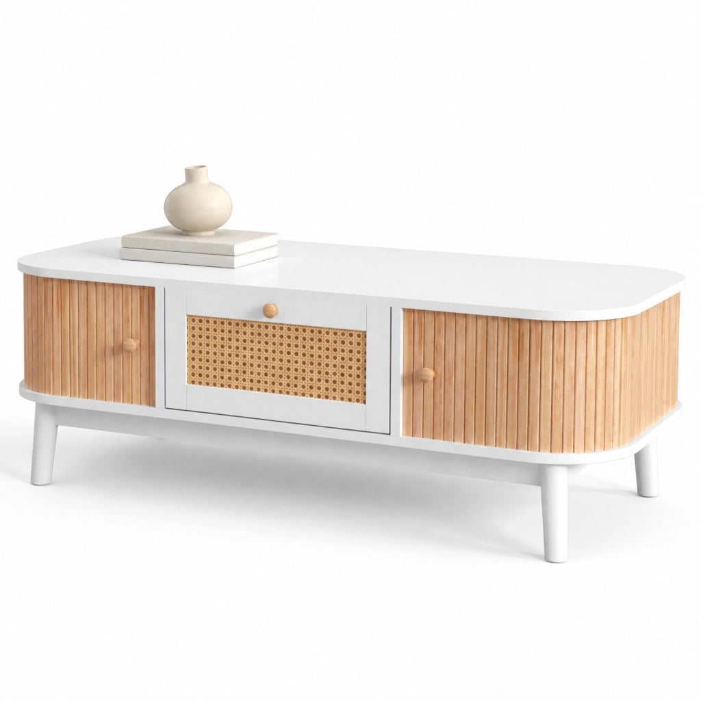 Tavolino da caffè con vano contenitore 110x55x38;5 cm; bianco e legno; in MDF