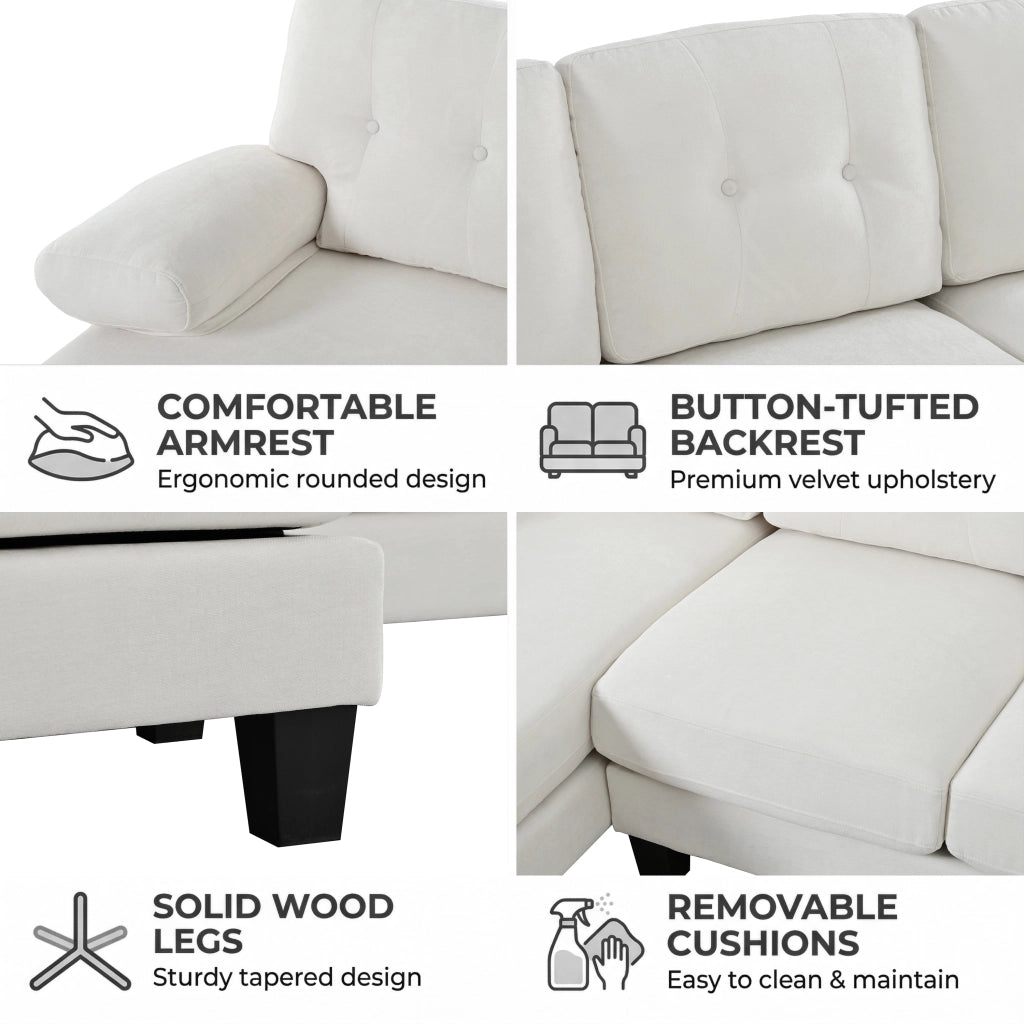 Divano a U con chaise longue bilaterale, tasche laterali e braccioli removibili in chenille beige 268 × 128 × 84 cm