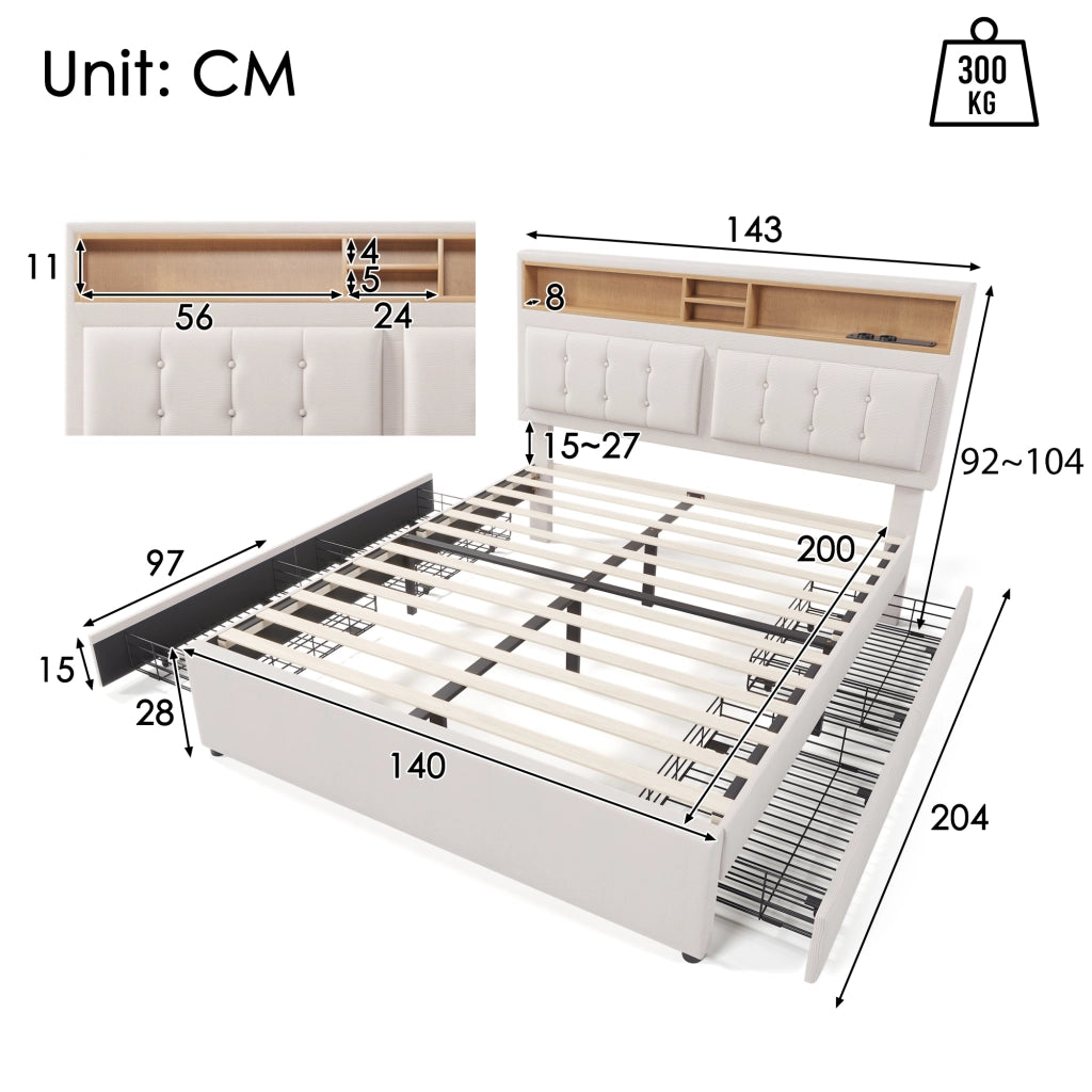 OKWISH Letto con Cassetti Letto Matrimoniale, 4 Cassetti, USB, Tipo C e Prese, 140×200 cm, senza Materasso, in Lino, Beige