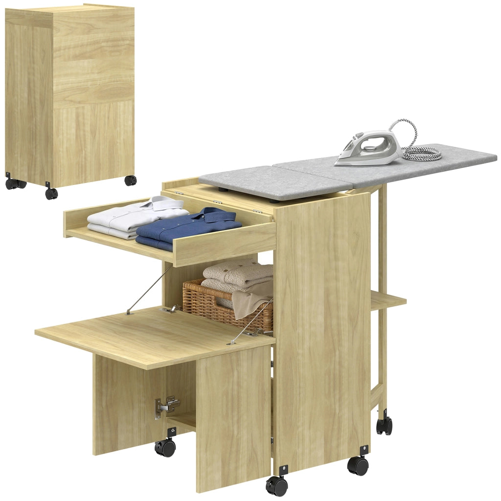 Mobile Asse da Stiro Pieghevole con Porta Ferro e Indumenti con Vano Aperto.154x55x87 cm. Legno Naturale