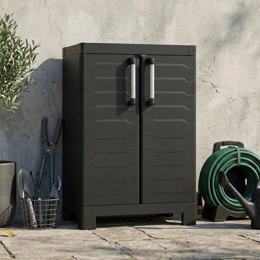 Armadio da esterno Terrebonne, Mobile outdoor, Mobiletto giardino multiuso, Contenitore per balcone o garage, Made in Italy, 65x45 h97 cm, Nero