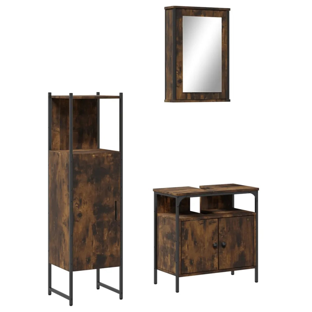 Set Mobili da Bagno | Armadio da bagno 3 pz Rovere Fumo in Legno Multistrato