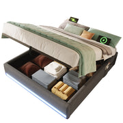 Letto Contenitore Matrimoniale 140x200 cm; USB; Type-C; LED; Tasche laterali; in Lino Grigio