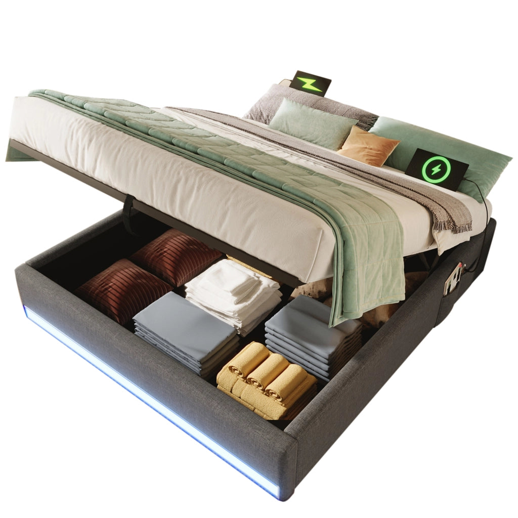Letto Contenitore Matrimoniale 140x200 cm; USB; Type-C; LED; Tasche laterali; in Lino Grigio