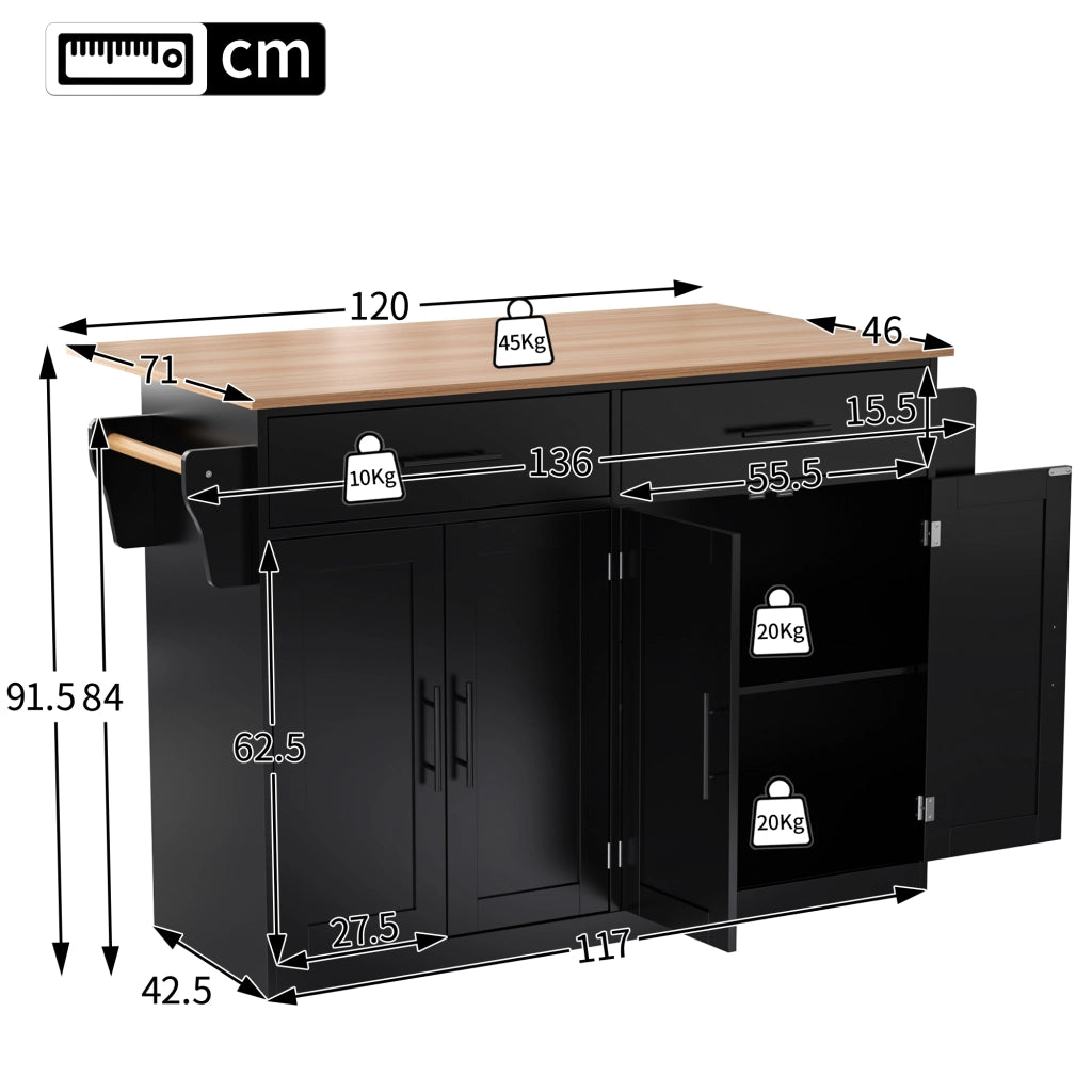 Carrello da Cucina con 2 Cassetti; 4 Ante; Piano Ribaltabile; Ruote e Portasciugamani; Nero 120x46x91;5 cm