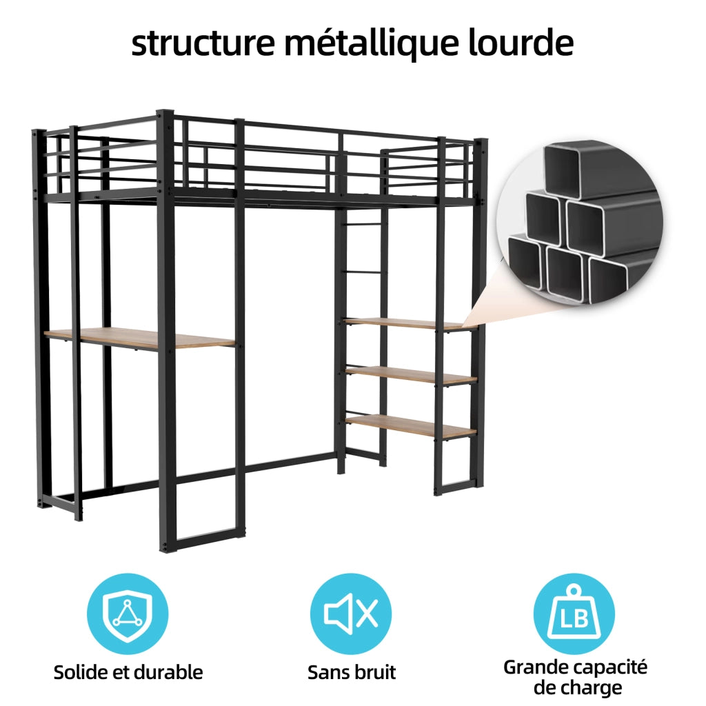 Letto a soppalco con scrivania e scale su entrambi i lati in ferro nero