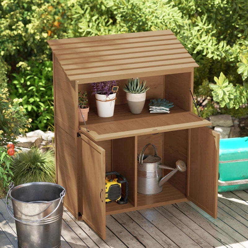 Capanno da giardino in legno naturale impermeabile con tetto monoinclinazione doppie porte scaffale interno e tavolo pieghevole mobile spazioso per riporre attrezzature da esterno terrazzo e giardino