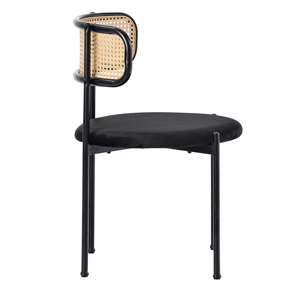Set di 6 sedie da pranzo in velluto nero con schienale in rattan, gambe in metallo, design moderno