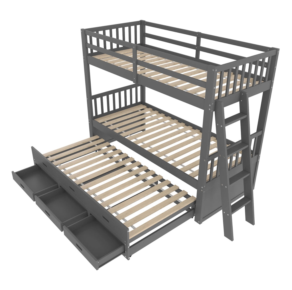 Letto a castello 90x200 cm con letto estraibile e 3 cassetti in legno e MDF grigio