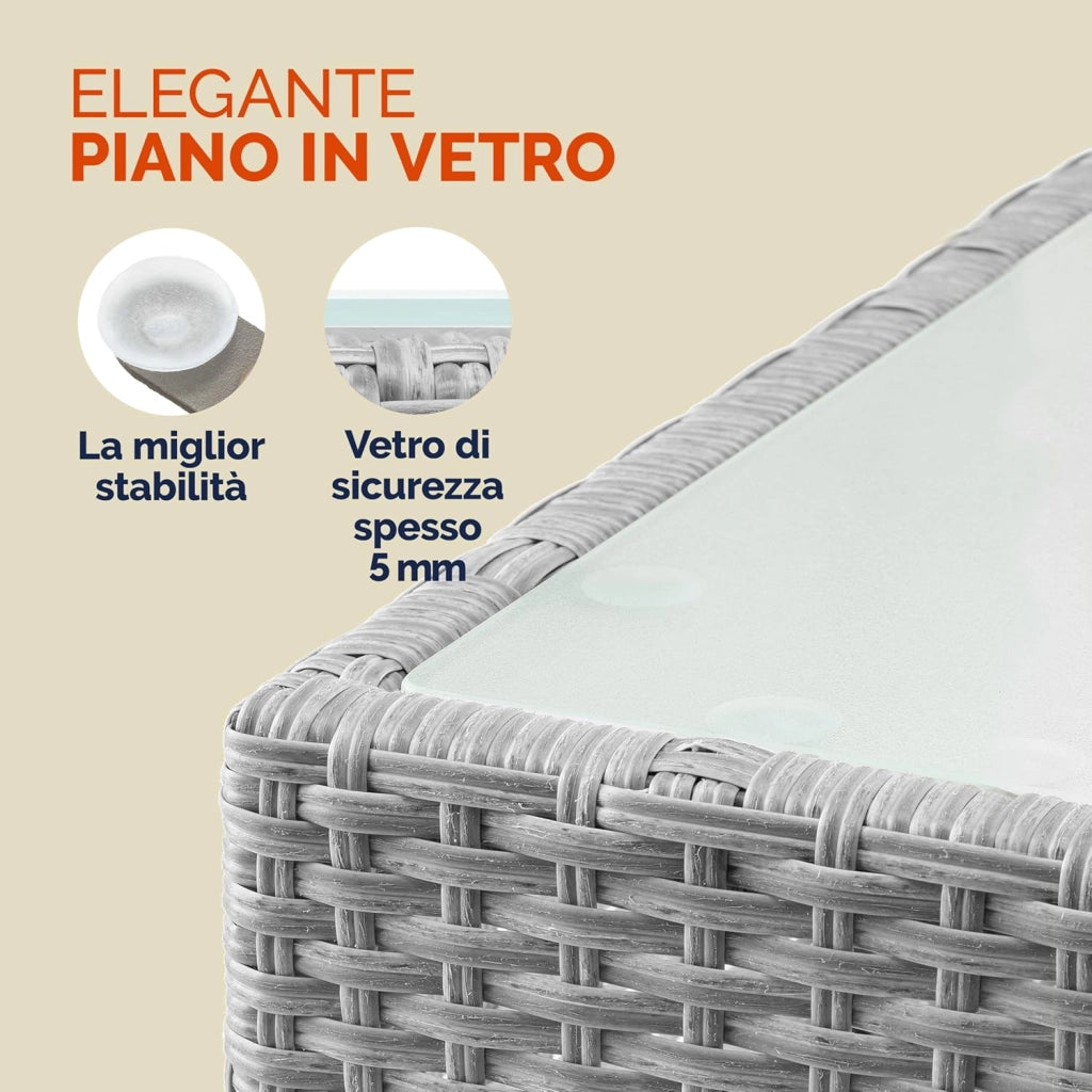 ® Tavolino da Giardino Esterno in Polyrattan 58x58x42cm Piano in Vetro Tavolo Basso da Caffè Quadrato Poggiapiedi