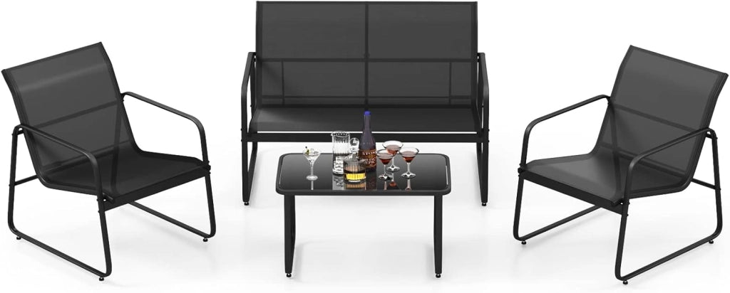 Set Tavolo e Sedie da Giardino 4 Pezzi, Tavolino in Vetro Portato 50 kg, Sedie Portata 150 kg, Panca Portata 300 kg, Set Bistro in Tessuto Textilene, per Cortile Terrazza Piscina (Marrone)