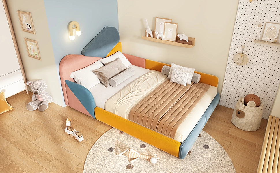 Letto per bambini 140 × 200 cm con protezione laterale rialzata, senza materasso, in velluto, blu multicolore